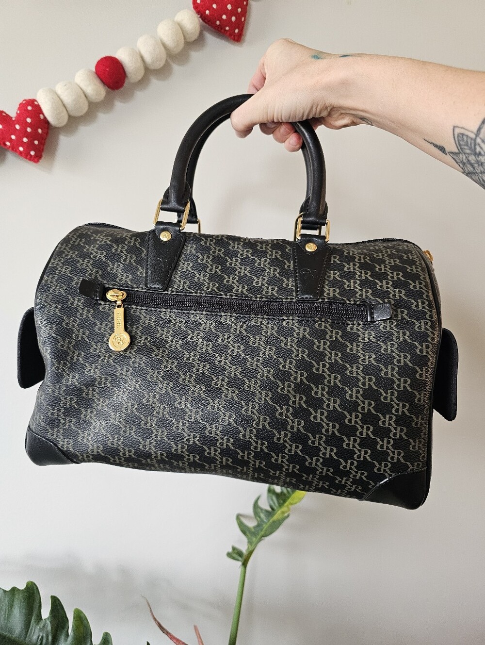 Rioni Monogram Barrel Satchel Handbag Black Brown Gold Top Handle Bag - Picture 4 of 14